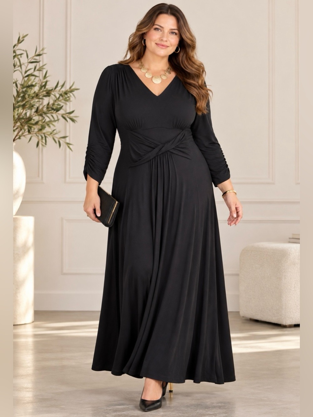Liz Lange Black Maxi Dress XL V Neck Ruched Sleeves Draped Waist Elegant